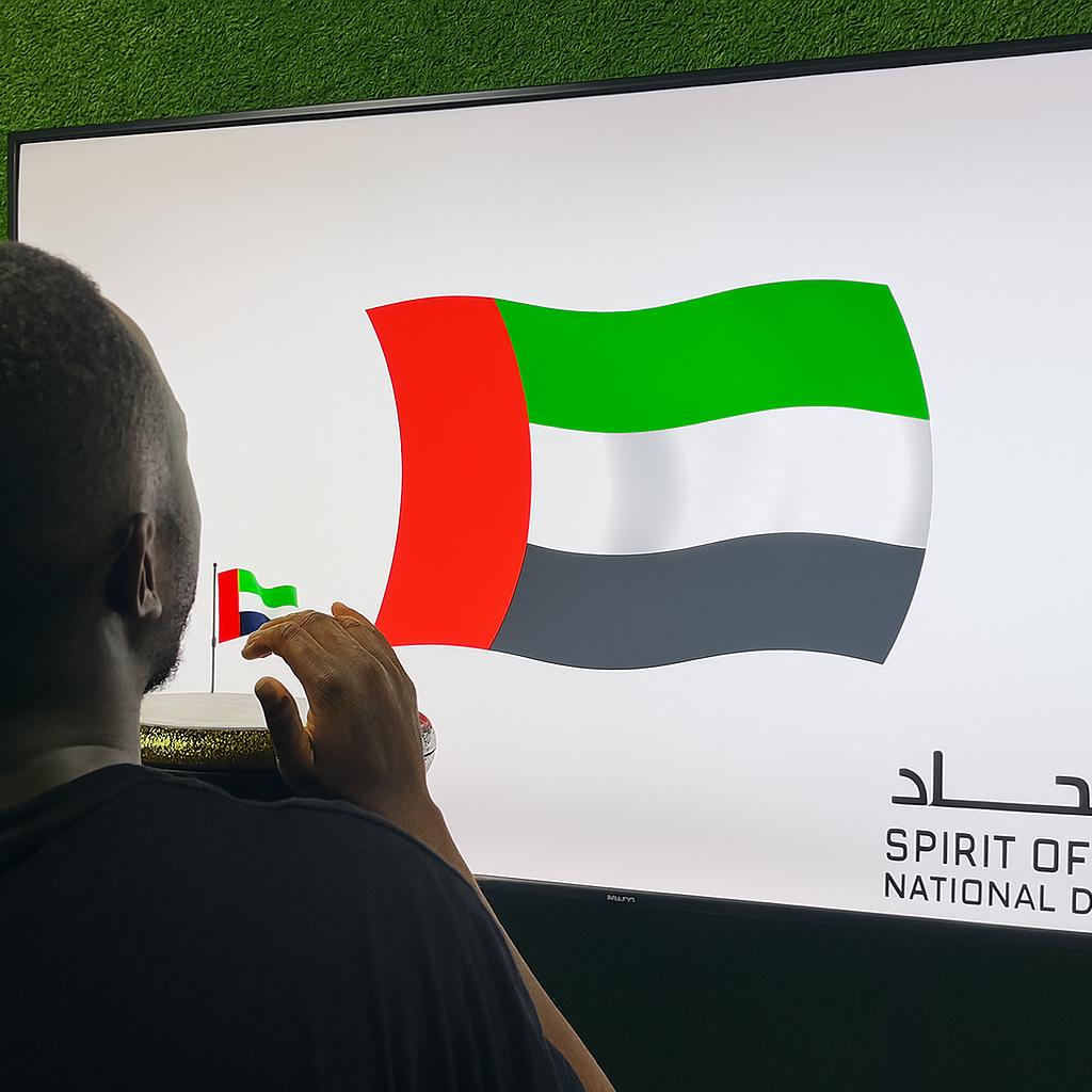 Guest playing Drum-to-Reveal interactive game at a Dubai event, beating the drum to reveal a hidden image on a large screen, designed for exhibitions and activations.